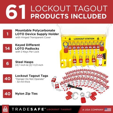 Lockout Tagout Station With LOTO Devices For OSHA Compliance And Industrial Safety, 14 Pack Safety Lock Set, 6 Hasps, 40 Do Not Operate Tags, Lockout Kit Board, Durable Polycarbonate Safety Supply