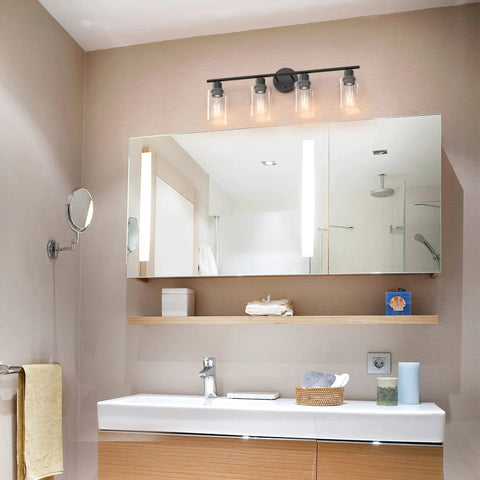 Bathroom interior with Matte Black 4 Light Vanity Light Over Mirror Dope Modern Sconce With UL Certified E26 Base, mirror, and sink.