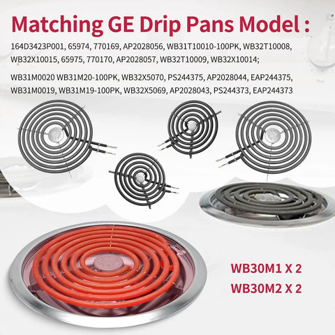 Drip Pans And Burner Element Unit Set For GE Hotpoint Electric Stoves WB30M1 WB30M2 Replacement, showing multiple burner sizes.