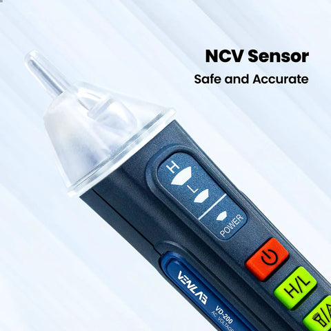Close-up of Non Contact Voltage Tester with Alarm and Flashlight LCD Display Dual Range Sniffer for 12V to 1000V and 48V to 1000V