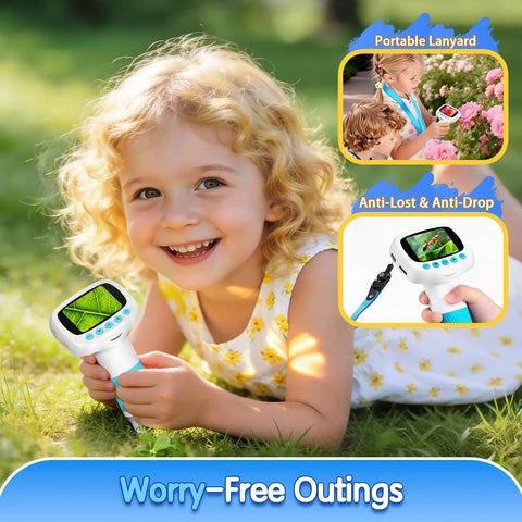 Kids Digital Handheld Microscope With 2 Inch IPS Screen And 1000x Magnification, Video Camera For STEM Learning, Wonder Quest Educational Toy, Magnifier For Bugs, Cool Birthday Gift For Boys And Girls in a child’s hand outdoors