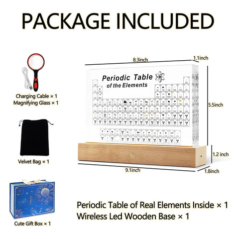 Package of 83 Real Elements Inside Periodic Table Poster With 8.3 Inch Acrylic Lighted Stand and accessories included