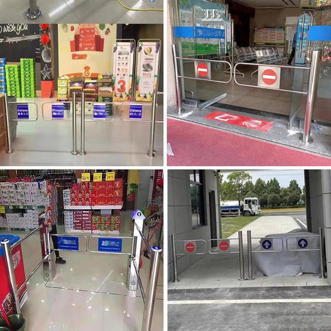 Rock Solid Industrial Heavy Duty Spring Loaded Safety Swing Gate With One Way Revolving Design For High Traffic Retail seen in multiple installation angles.