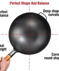 Top view of Preseasoned 14 Inch Carbon Steel Wok With Round Bottom For Stir Fry Mastery On Gas Stovetops Open Flame And BBQ Camping.