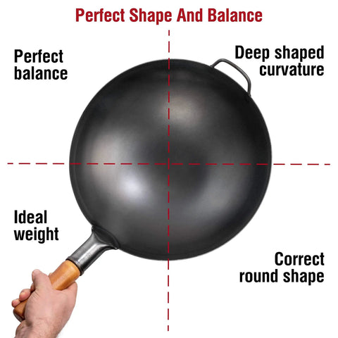 Top view of Preseasoned 14 Inch Carbon Steel Wok With Round Bottom For Stir Fry Mastery On Gas Stovetops Open Flame And BBQ Camping.
