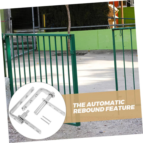 Heavy Duty Stainless Steel Pivot Hinges For Doors With Auto Close Function For Hidden Bookcase Doors Ideal For Home Use And Construction, Dual Pivot Hinges For Easy Installation, Flexible Movement, And Enhanced Opening Angles By Mikikit, shown with green fencing in the background and an inset image highlighting the hinges' automatic rebound feature.