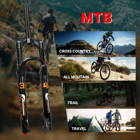 Beefy 140mm MTB Front Fork with images of various mountain biking styles, featuring 34mm stanchions and air suspension