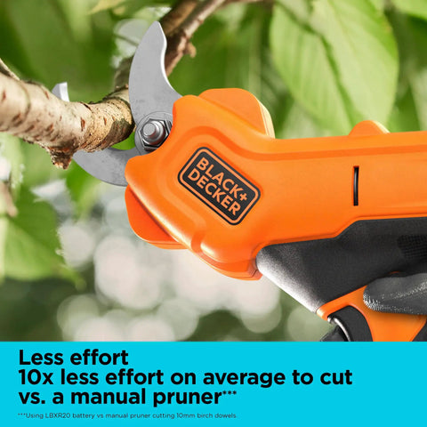 20V Max Cordless Pruner Electric Pruning Shears cutting branch, orange handle, 1 Inch Cut Capacity, garden use, close-up view