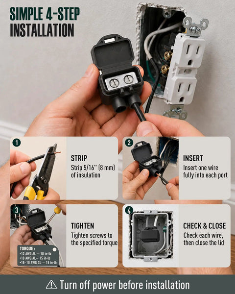 Pro Grade Two Port Electric Wire Connectors With No Mess Antioxidant Gel for easy installation guide, showing step-by-step instructions.