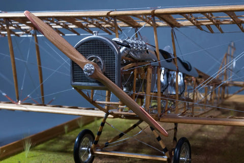 Front view of Curtiss JN-4D Jenny 1:16 Scale Model Kit With Laser Cut Basswood And Metal Parts, showcasing propeller and engine detail.