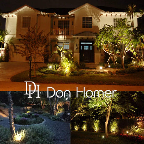 Low Voltage 12V Outdoor Landscape Lighting 6 Pack illuminating a front yard and garden at night with cast aluminum waterproof LED spotlights.