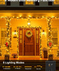 Two Pack 80 Foot 200 LED Solar String Lights Outdoor Waterproof With Eight Modes Auto On Off Warm White on house porch