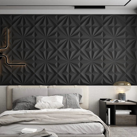 Modern bedroom with Dope 3D Wall Panels Star Textured PVC Tiles For Modern Interior Decor 19.7x19.7 Inches Pack Of 12 Easy DIY Install