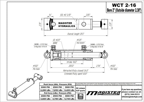 Technical drawing of Beefy 2 Inch Bore Hydraulic Cylinder With 16 Inch Stroke Welded Ram And Cross Tube Ends Double Acting
