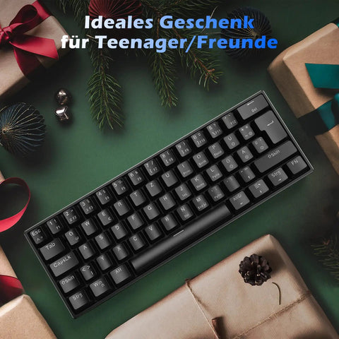 Compact 60 Percent Mechanical Gaming Keyboard Featuring Silky Linear Red Switches And Detachable Type C Cable Built For Sick Desk Setups And Lightweight Travel Rigs PC PS5 PS4 Black on a festive background.