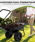 Woman using dual wheel wheelbarrow with 14 inch pneumatic tires 330 lb capacity, foam handle, moving soil in garden