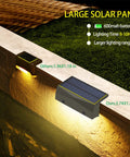 Outdoor Solar Deck Lights Set Of 6 Dope 7 Color RGB Waterproof Step Lights with large solar panel on railing.