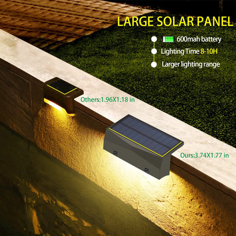 Outdoor Solar Deck Lights Set Of 6 Dope 7 Color RGB Waterproof Step Lights with large solar panel on railing.