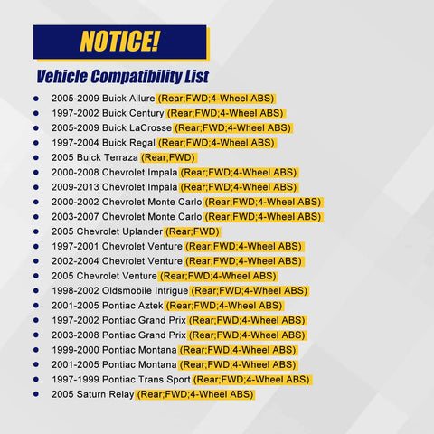 Vehicle compatibility list for 2Pcs Rear Wheel Bearing And Hub Assembly 512150 For FWD Chevy Impala Grand Prix Regal Lacrosse Pontiac Montana Trans Sport 5 Lug With ABS Replacement Fits Rear