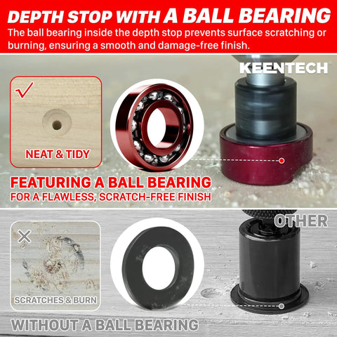Comparison of depth stop with ball bearing and without, showing neat vs scratched wood surface results
