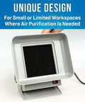 Compact Benchtop Fume Absorber With Adjustable Stand 115VAC Solder Fume Extractor For Tiny Workspaces, showing front filter view.