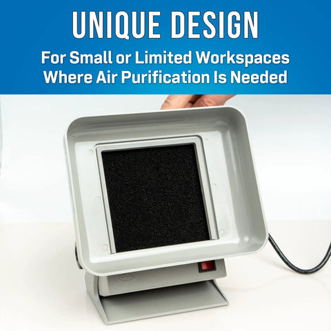 Compact Benchtop Fume Absorber With Adjustable Stand 115VAC Solder Fume Extractor For Tiny Workspaces, showing front filter view.