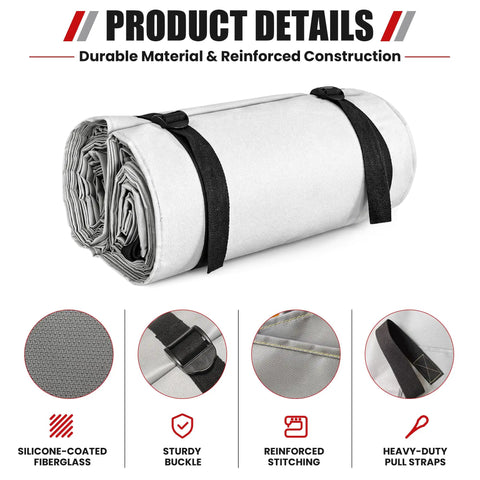 Heavy Duty Silicone Coated Fiberglass Vehicle Fire Blanket Badass Auto Protection Shield tied with black straps for easy storage.