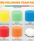 Assorted foam and wool pads from 1 Inch Wet And Dry Sanding Discs Kit For Rotary Tools, colored for different polishing strengths.
