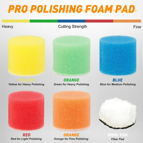 Assorted foam and wool pads from 1 Inch Wet And Dry Sanding Discs Kit For Rotary Tools, colored for different polishing strengths.