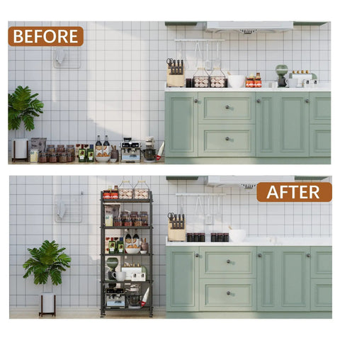 Total Game Changing Five Tier Pantry Shelving With Chunky Wooden Boards And Heavy Duty Adjustable Wire Grids And Super Sturdy Storage Rack For Kitchen Closet Or Laundry Room Setup In Matte Black, before and after organization.