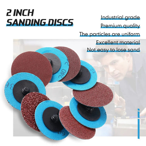 250 Piece Assorted 2 Inch Sanding Discs Set For Die Grinder With 36 60 80 120 240 Grits, displayed in a circular layout