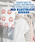 Fragrance Free Hanging Moisture Absorber And Odor Eliminator 2 Pack For Closets And More displayed in a closet
