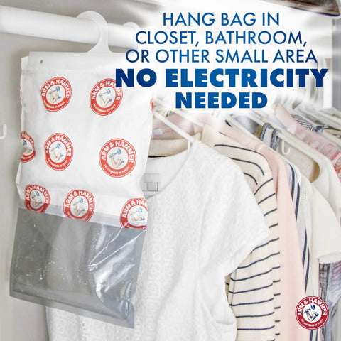 Fragrance Free Hanging Moisture Absorber And Odor Eliminator 2 Pack For Closets And More displayed in a closet