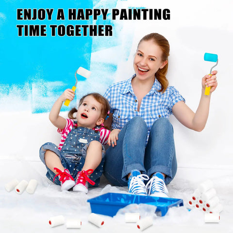 Mother and child painting with 40 Pcs 2 Inch Mini Foam Paint Roller Covers For Textured And Smooth Surfaces, high density sponge rollers.
