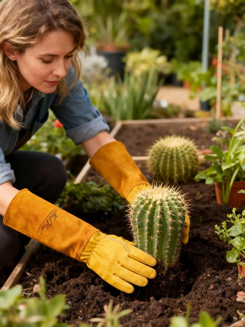 Gardener wearing Leather Gardening Gloves For Women And Men With Long Gauntlet Built Tough For Thorny Plants handling cactus