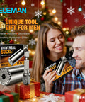 Man and woman with Universal Socket Tool Set With Power Drill Adapter 7 To 19 mm Gift For Him next to Christmas gifts