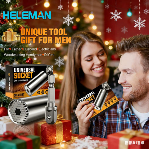 Man and woman with Universal Socket Tool Set With Power Drill Adapter 7 To 19 mm Gift For Him next to Christmas gifts