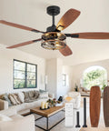 52 Inch Farmhouse Ceiling Fan With Light And Remote Black Industrial Caged Flush Mount in living room with 5 blades and rustic decor