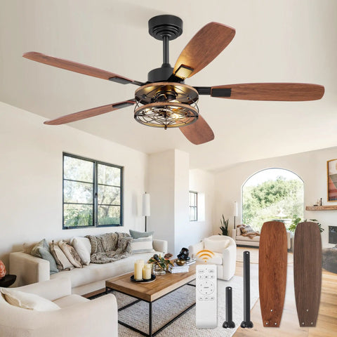 52 Inch Farmhouse Ceiling Fan With Light And Remote Black Industrial Caged Flush Mount in living room with 5 blades and rustic decor