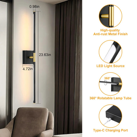 No Sweat Wireless Setup Matte Black And Brushed Gold Battery Wall Sconces Set Of Two With 360 Degree Rotate Tube Waterproof Rust Proof Fixtures Straight Up Modern Room Upgrade Decor mounted beside curtains.