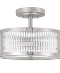 Two Light Brushed Nickel Semi Flush Ceiling Light With Clear Ribbed Glass Mid Century Vintage Round Fixture 11.8 Inch Diameter Built Tough Steel