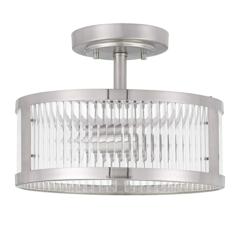 Two Light Brushed Nickel Semi Flush Ceiling Light With Clear Ribbed Glass Mid Century Vintage Round Fixture 11.8 Inch Diameter Built Tough Steel