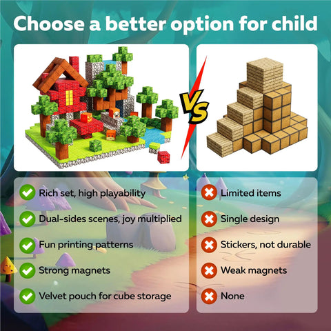 Comparison of Magnetic Blocks 128 PCS Magnetic Building Kit for Kids with wood stack alternative