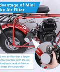 Side view of High Flow Air Filter Kit For Predator 212cc 196cc Mini Bike Go Kart 62mm Filter installed on a red mini bike engine.