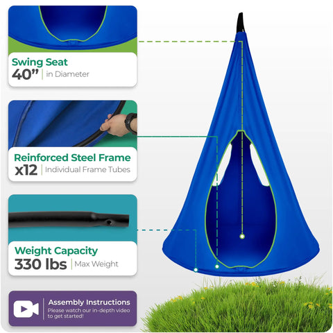 Kids Nest Swing Hammock Chair With Adjustable Rope Indoor Outdoor 40 Inch Blue Pod Swing details and specifications image.