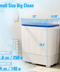 Gotta Love This Ultra Compact Portable Twin Tub Washer Straight Up Silver Ion Deep Clean 18 Pound Laundry Spinner Combo Built For Dorms Apartments And Rv Homes Easy Setup Blue, dimensions and specs shown.