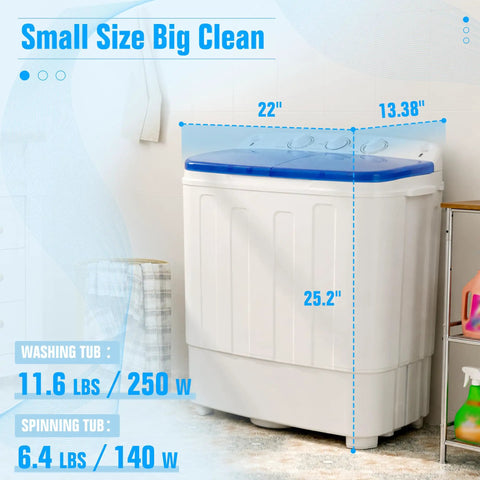Gotta Love This Ultra Compact Portable Twin Tub Washer Straight Up Silver Ion Deep Clean 18 Pound Laundry Spinner Combo Built For Dorms Apartments And Rv Homes Easy Setup Blue, dimensions and specs shown.