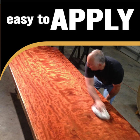 Man applying Dope Wood Butter Finish 9 Oz Glass Jar Food Safe Solvent Free Non Toxic Easy Apply Top Coat on wooden table