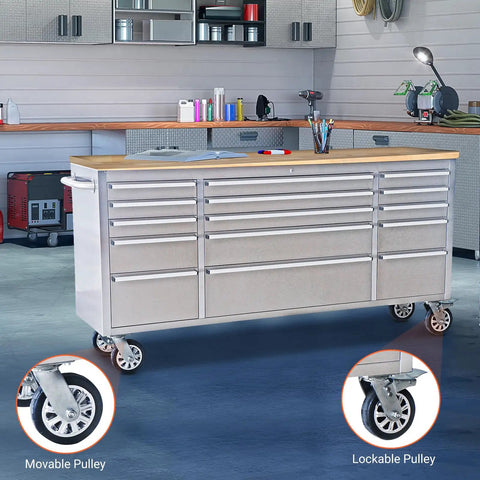 Beefy 72 Inch Rolling Tool Chest With Solid Wood Top And Stainless Steel Cabinet, 15 Drawers For Serious Storage in garage setting