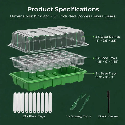 Image showing 5 Pack BPA Free Seed Starter Trays Kit with clear humidity domes, seedling trays, base trays, plant tags, tools, and marker.